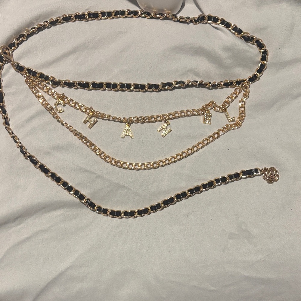 Gold Chain Belt with Black Leather Weave and Letter Charms